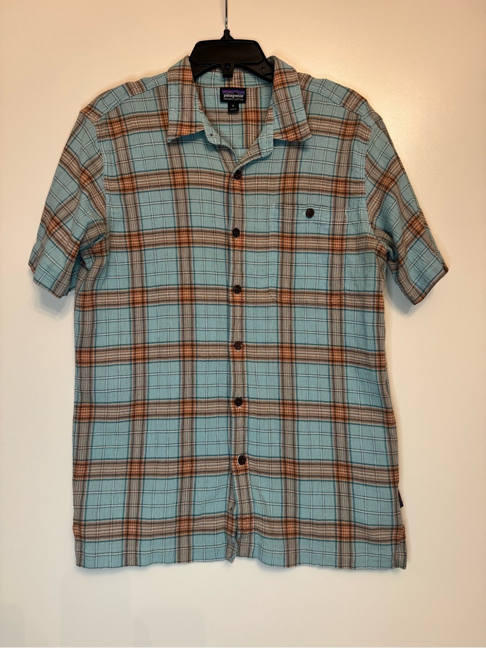Patagonia Organic Cotton Plaid Short Sleeve Button Up Shirt Medium Blue Orange